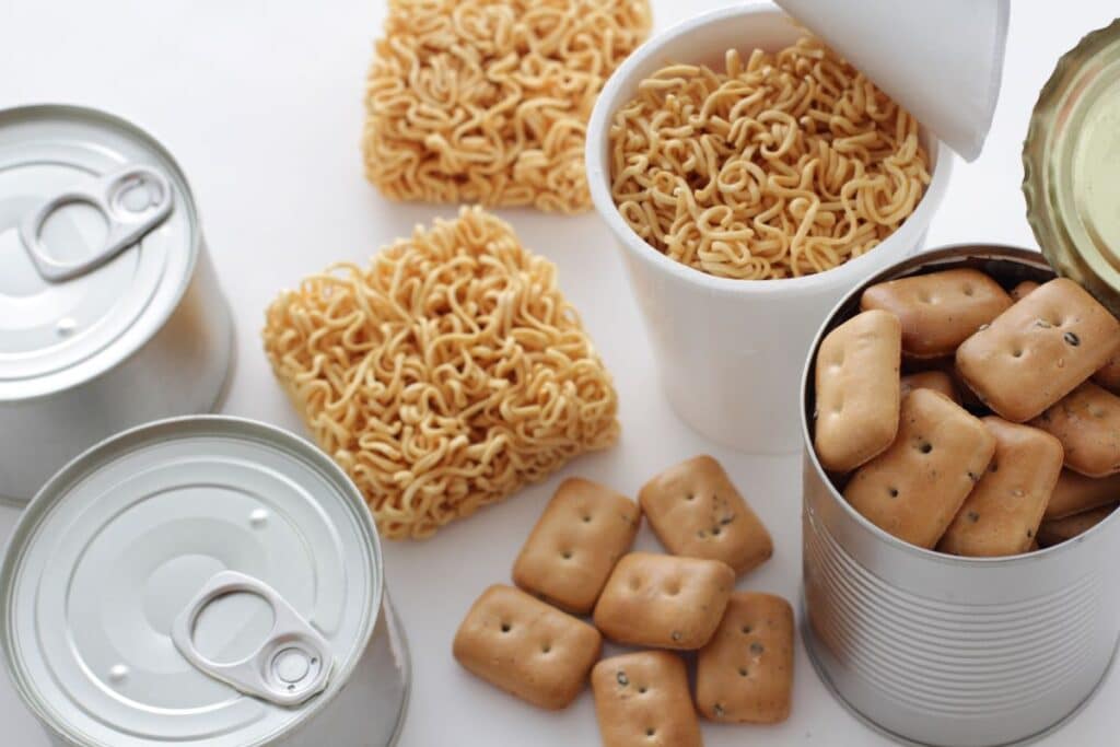canned food, noodles, crackers