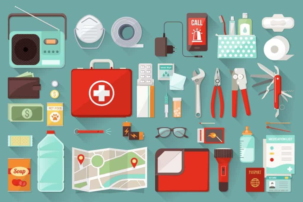 vector drawn emergency kit flat lay with items for your kit