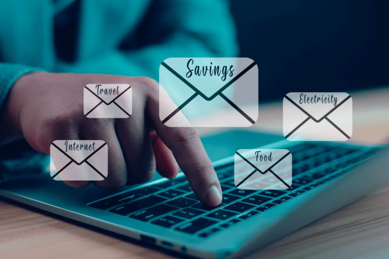 modern digital envelope system feature man clicking laptop, concept envelopes with labels