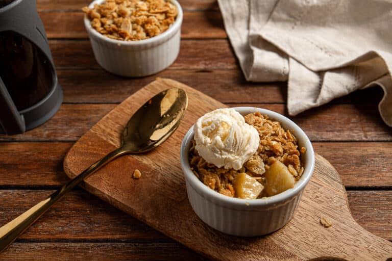 individual apple crumbles with ice cream