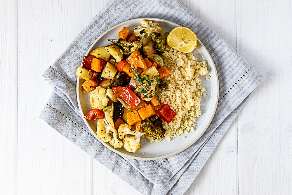 Lemon and thyme roasted vegetables served with couscous