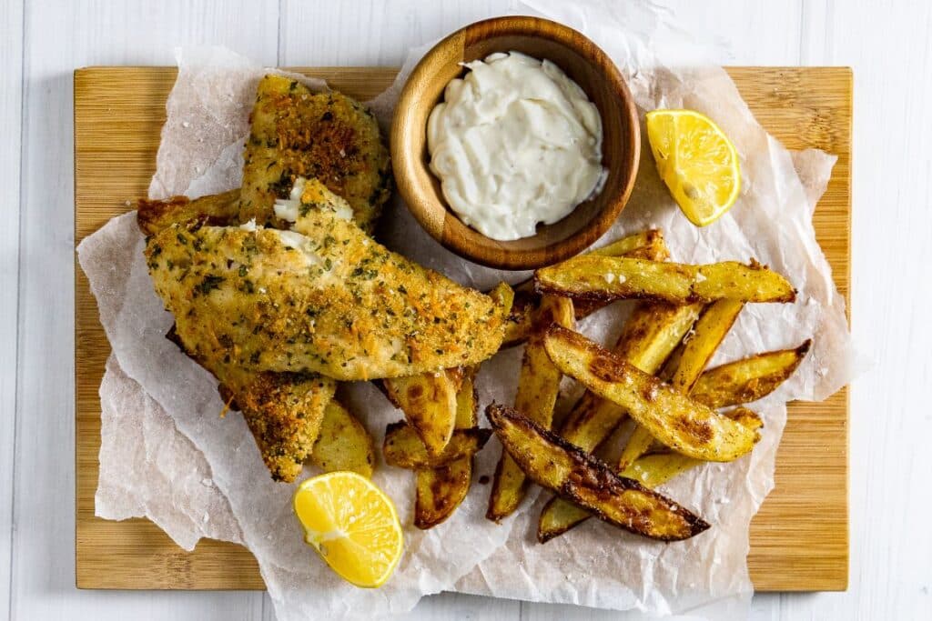 parmesan crusted baked fish and homemade chips with aioli and lemons