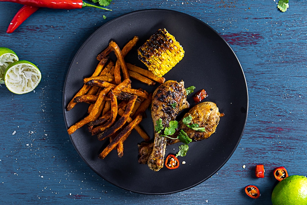 portuguese chicken drumsticks with sweet potato chips