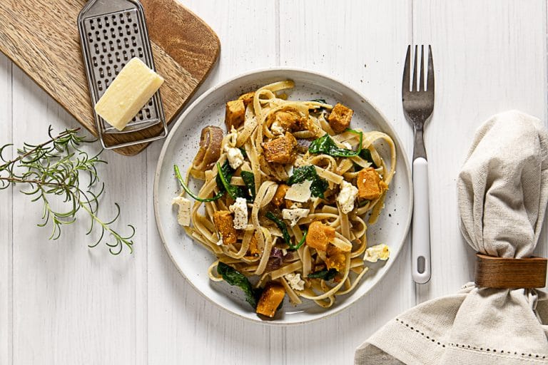 Roast Pumpkin Feta Pasta With Caramelised Onion and Wilted Spinach