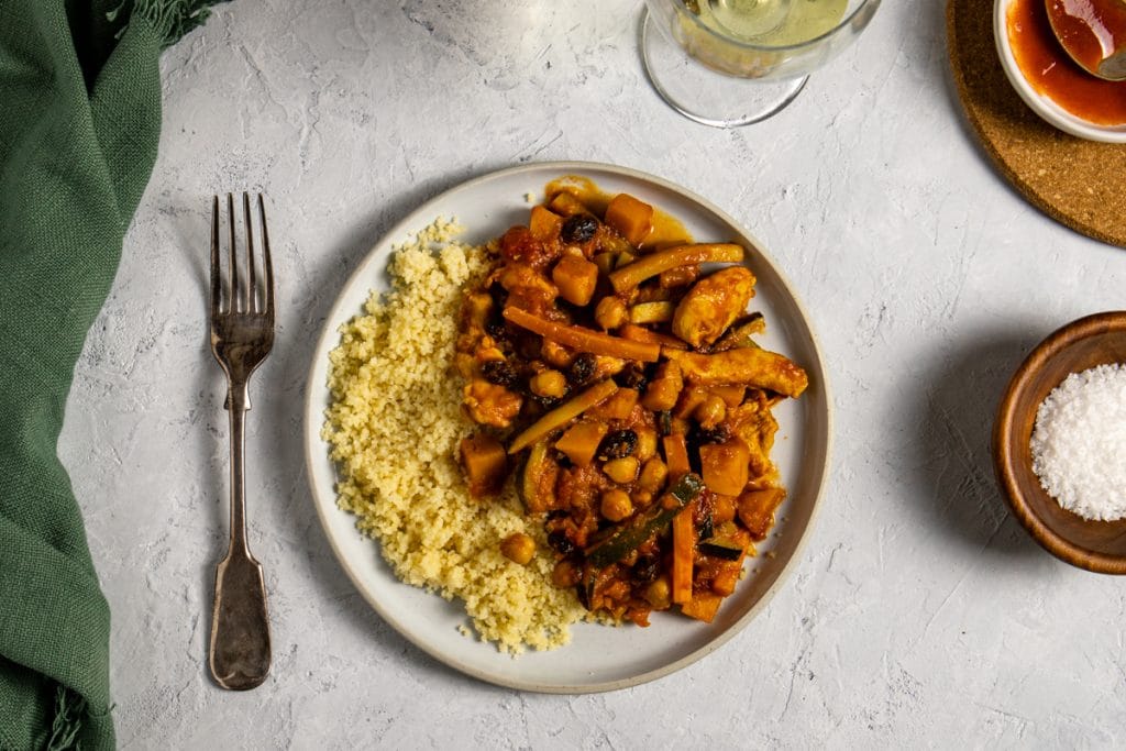 Moroccan inspired chicken and vegetable stew with couscous