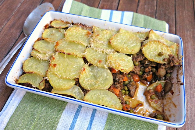 Cottage Pie topped with a single potato. Feed the family, use up leftovers.