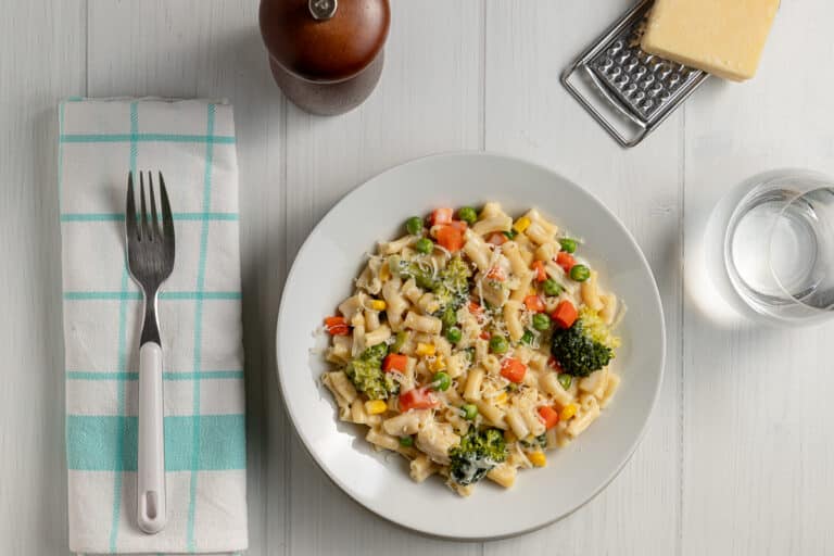 bowl of veggie loaded mac and cheese