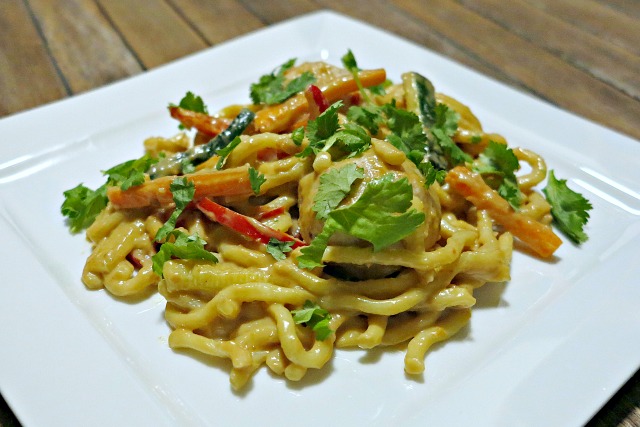 chicken satay meatballs with noodles and vegetables