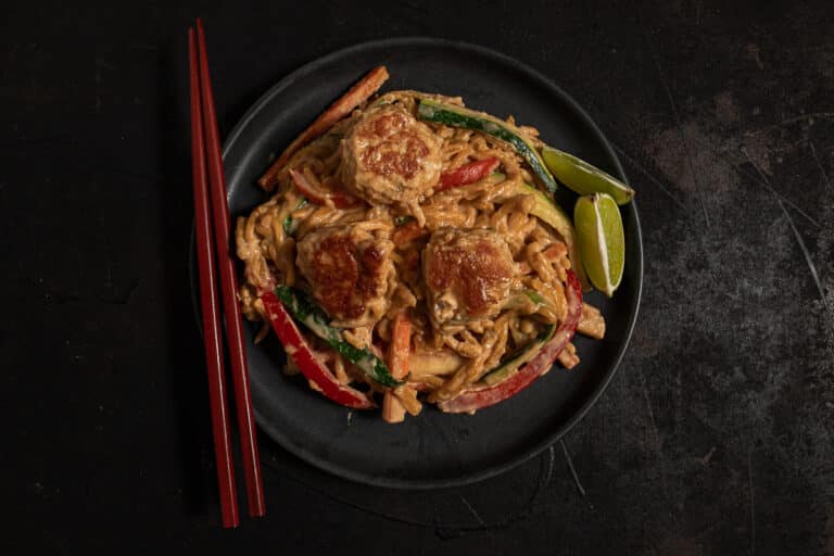 satay chicken meatballs and noodles