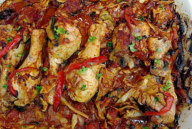 paprika chicken with cabbage and mushrooms