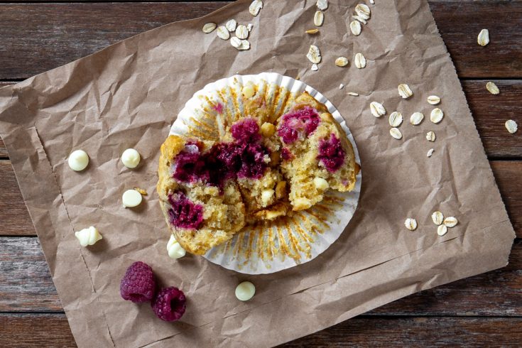 raspberry, oat and white chocolate muffin