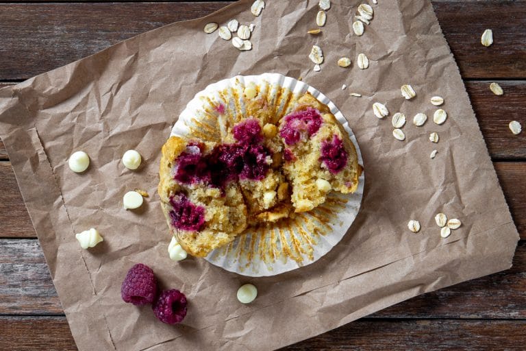 Raspberry Oat White Chocolate Muffins