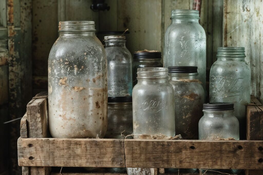 recycled jars gathering dust in the garage