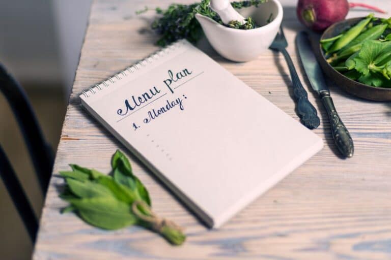monday meal plan on notebook surrounded by ingredients