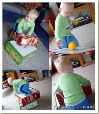 Playing with boxes. rainy day toddler ideas, Frugal and Thriving