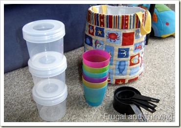 Stacking common household items, rainy day toddler ideas, Frugal and Thriving