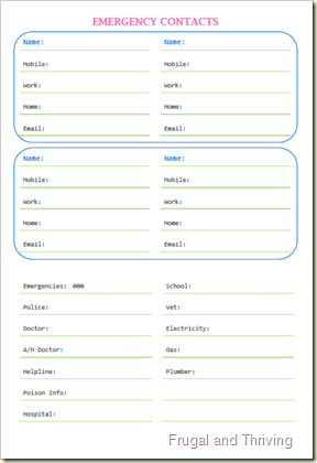 Emergency Contacts Printable | Frugal and Thriving