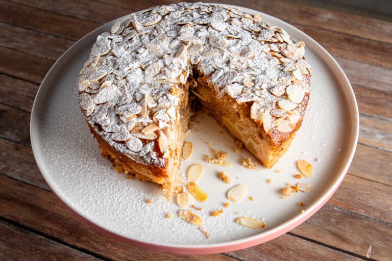 Pear and yoghurt cake with almond meal - cut