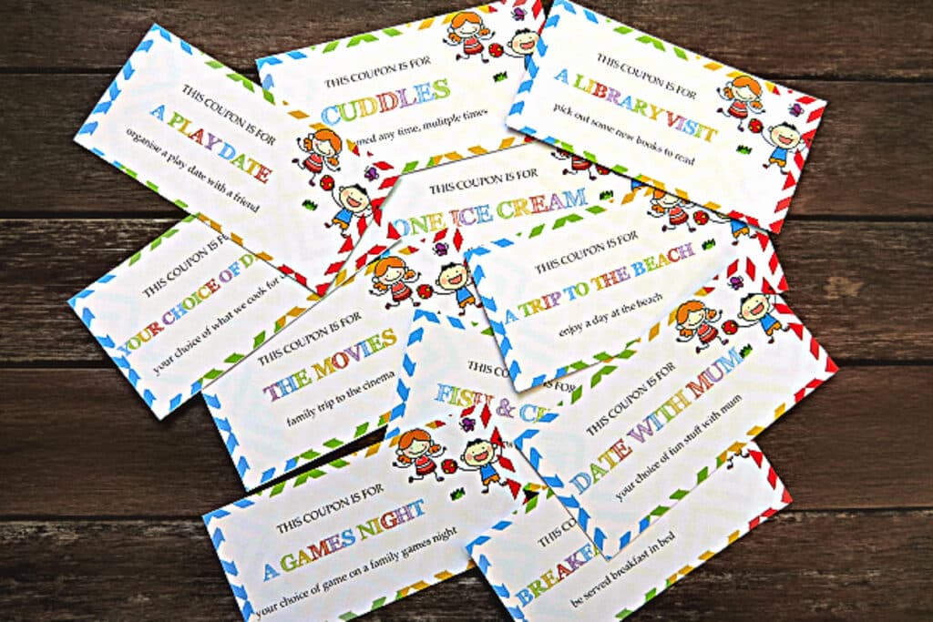 pile of colourful printed coupon cards for kids