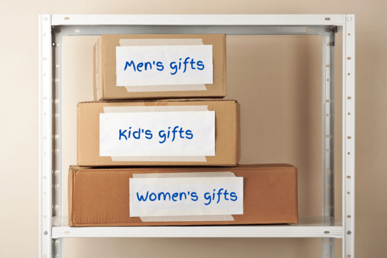pile of boxes on a shelf with labels men's gifts etc representing a gift stash