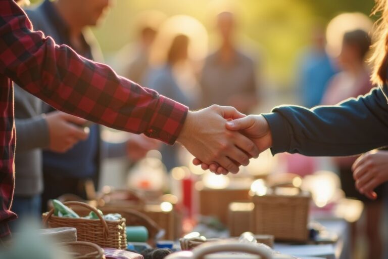 man and woman shaking hands at outdoor markets