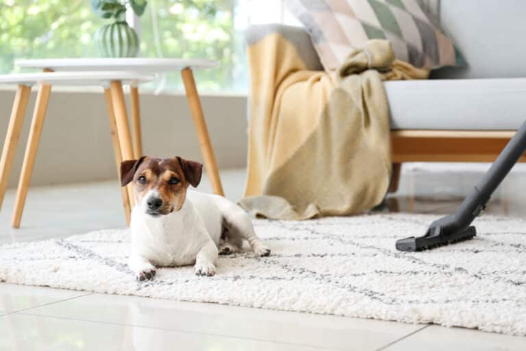 woman vacuuming floor with dog