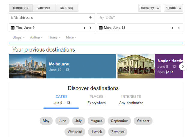 Google Flights discover destinations