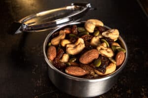 cheap diy trail mix in a reusable stainless steel snack container