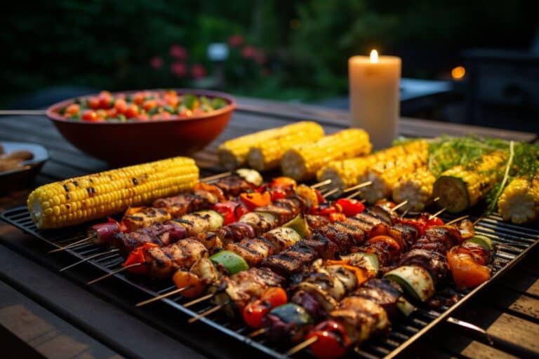 bbq skewers, corn, salad