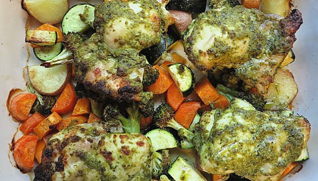 one dish pesto chicken and vegetable bake