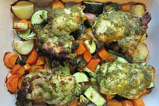 Easy One-Dish Baked Pesto Chicken and Vegetables