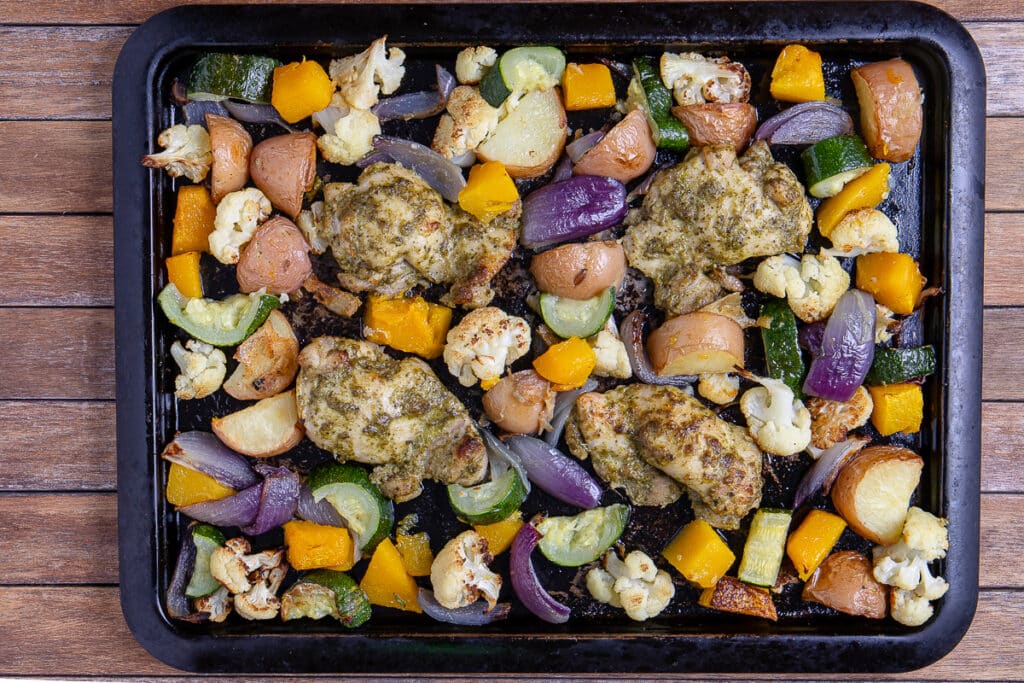 pesto chicken and vegetable tray bake