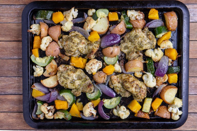 pesto chicken and vegetable tray bake