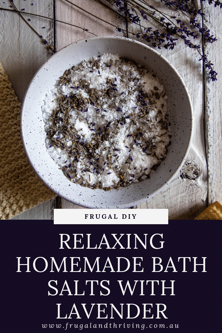 Enjoy some 'me time' with these relaxing DIY bath salts with lavender. Or put them in a nice jar for a frugal gift that is sure to please. #handmadegift #frugalgift #DIYbathsalts #DIYgift