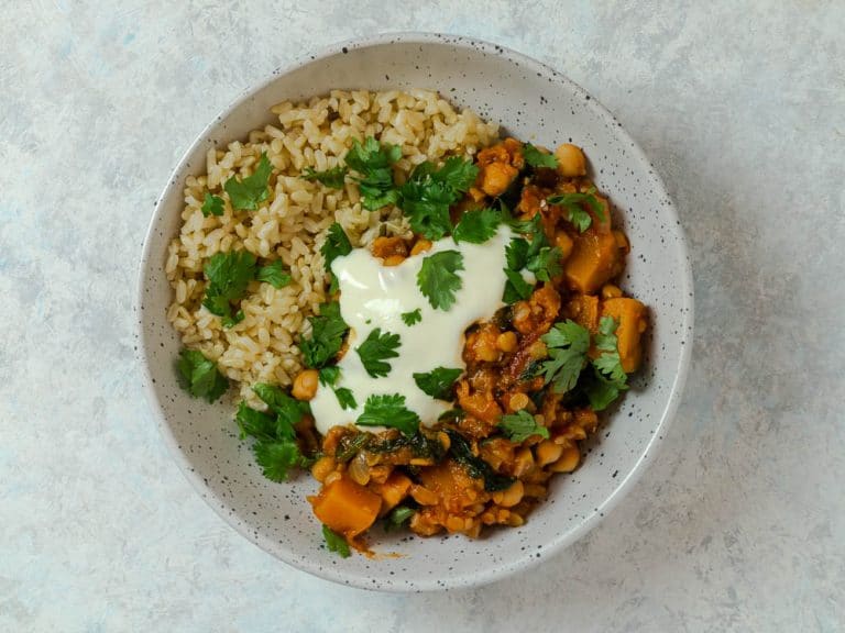 Pumpkin Chickpea Curry with Spinach and Tomatoes