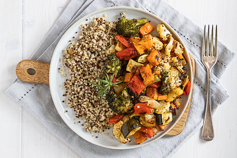 honey balsamic roasted vegetables with quinoa