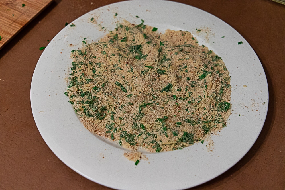 breadcrumb mixture ready to be pressed into fish fillets.