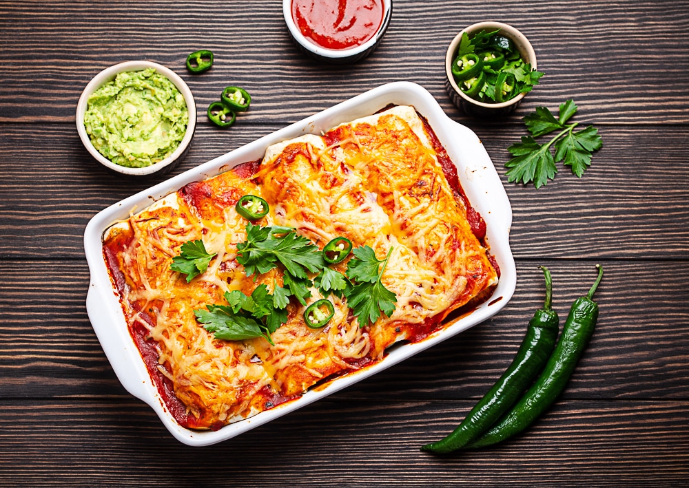 Leftover Pulled Pork and Homemade Refried Bean Enchiladas