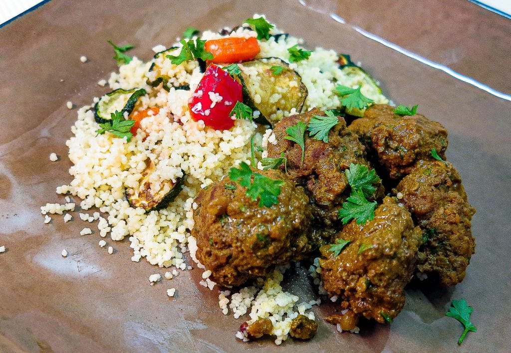 Morrocan meatballs with lemon sauce and roast vegetable cous couse