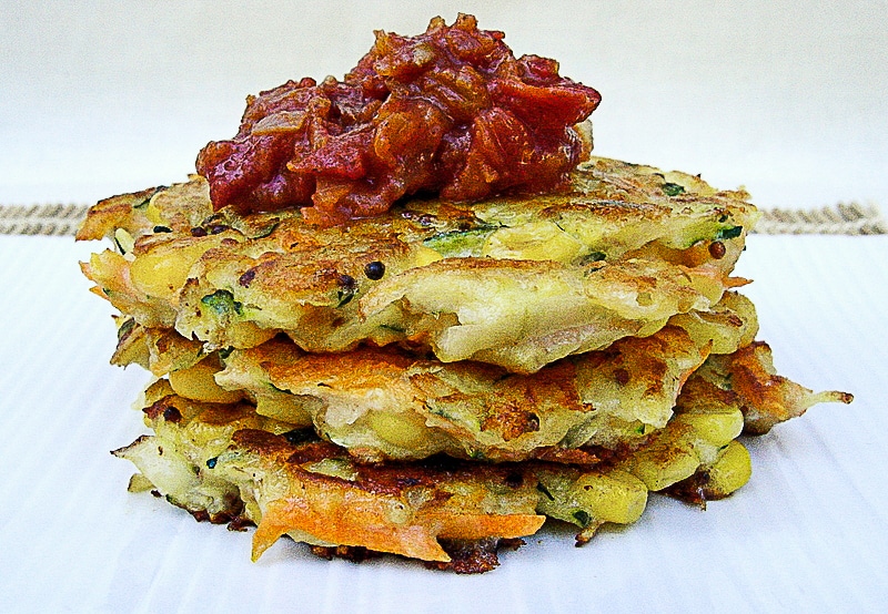 Vegetable fritters with tomato relish