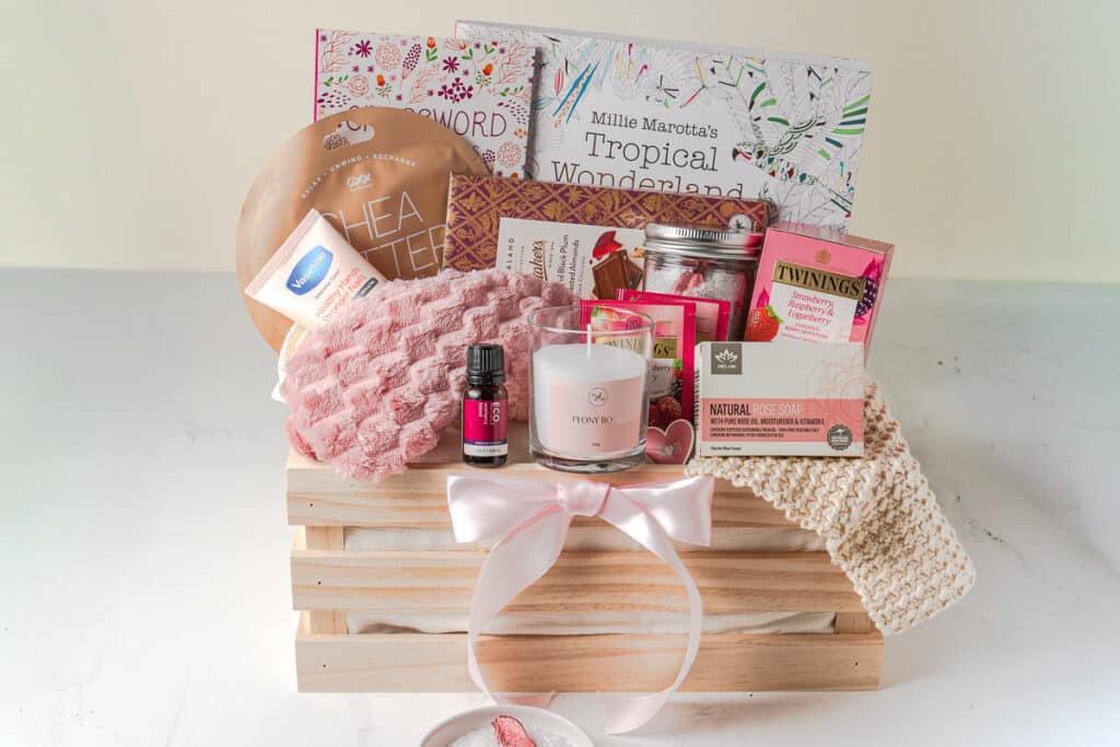relaxation hamper pink themed