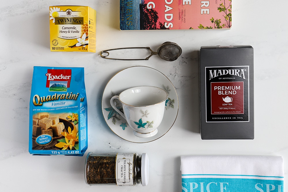 tea hamper flat lay