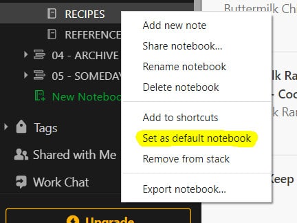 set default notebook in Evernote