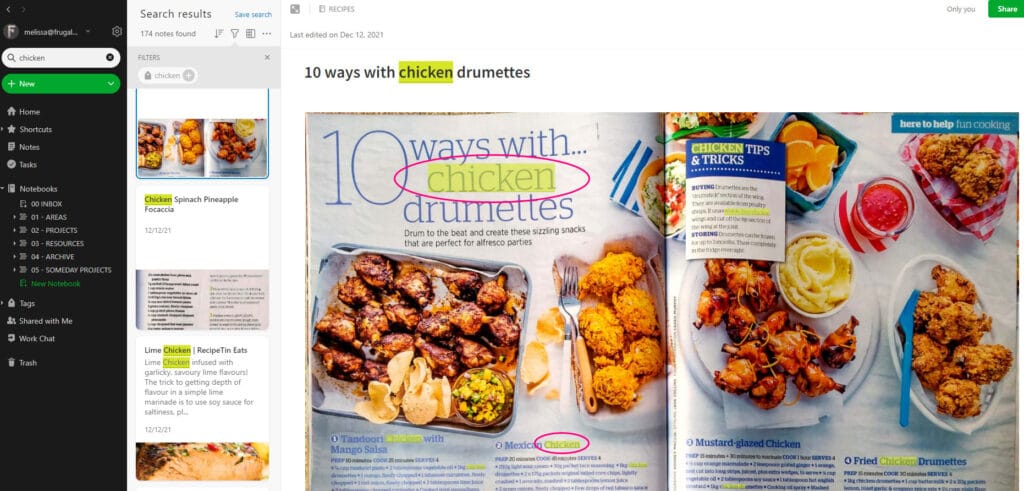 Evernote searching for chicken in photo of a magazine recipe