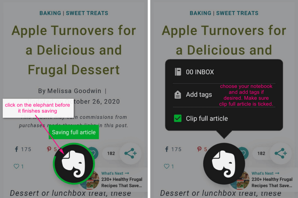 saving recipes to evernote on a mobile device