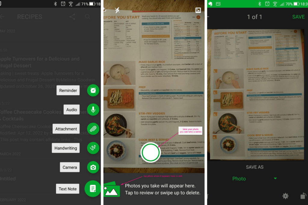 scanning recipes into the Evernote app