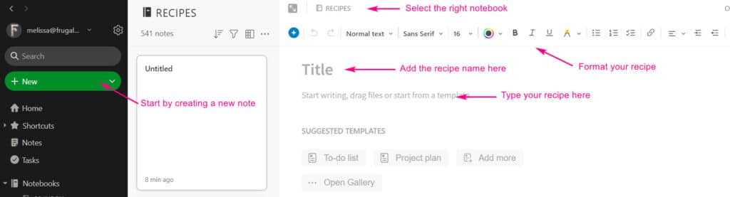 typing a recipe into Evernote