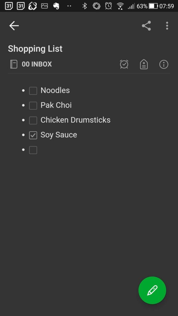 shopping list in Evernote