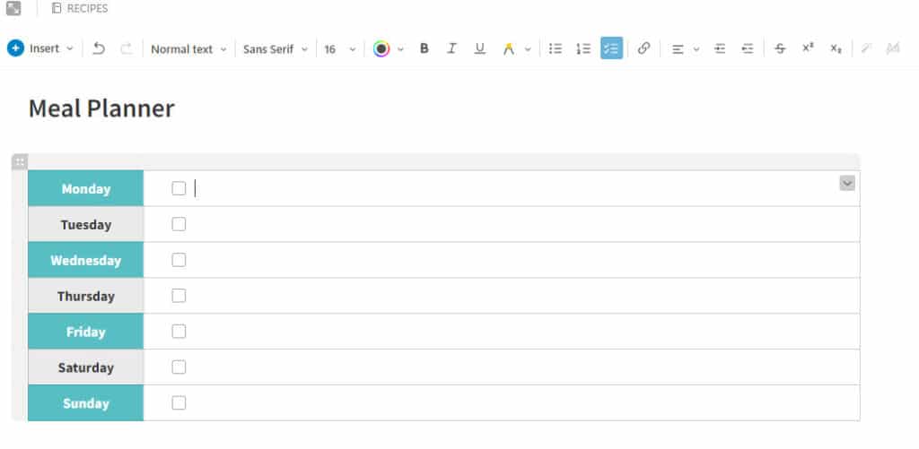 formating the weekly planner as a meal planner in Evernote