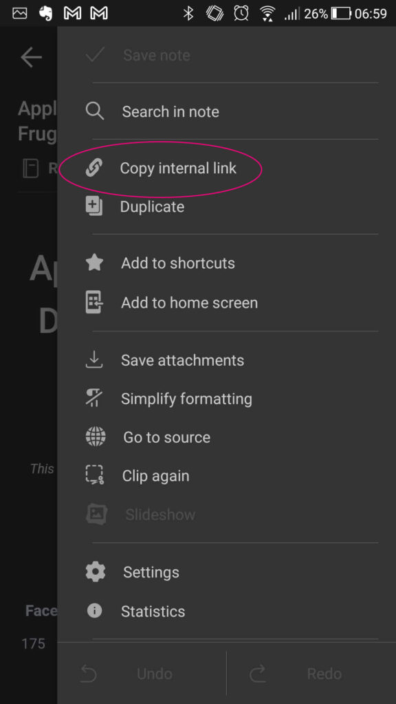 copy an internal link in Evernote on mobile